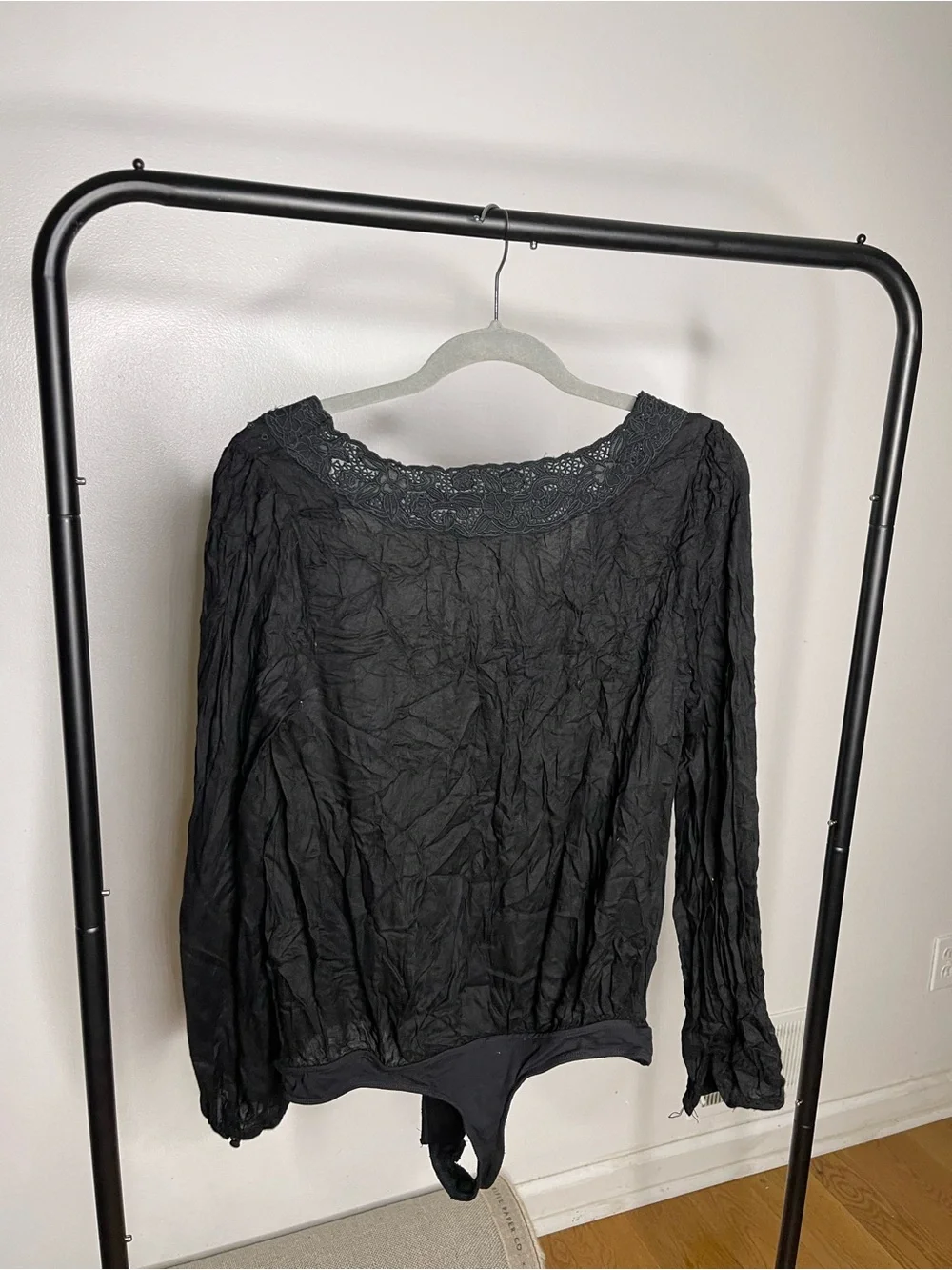 Free People Black Lace-Trim Long Sleeve Bodysuit